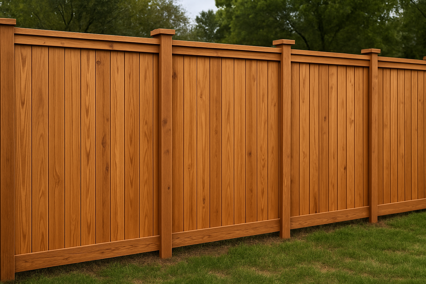 A long wooden fence made of 5 cedar panels in a row, natural cedar wood color with visible wood grain texture, vertical slat design with slats running up and down, fence posts spaced 8 feet apart between each panel creating wider panel sections, outdoor setting with grass at the base, realistic lighting, high quality detailed image, spacious fence layout