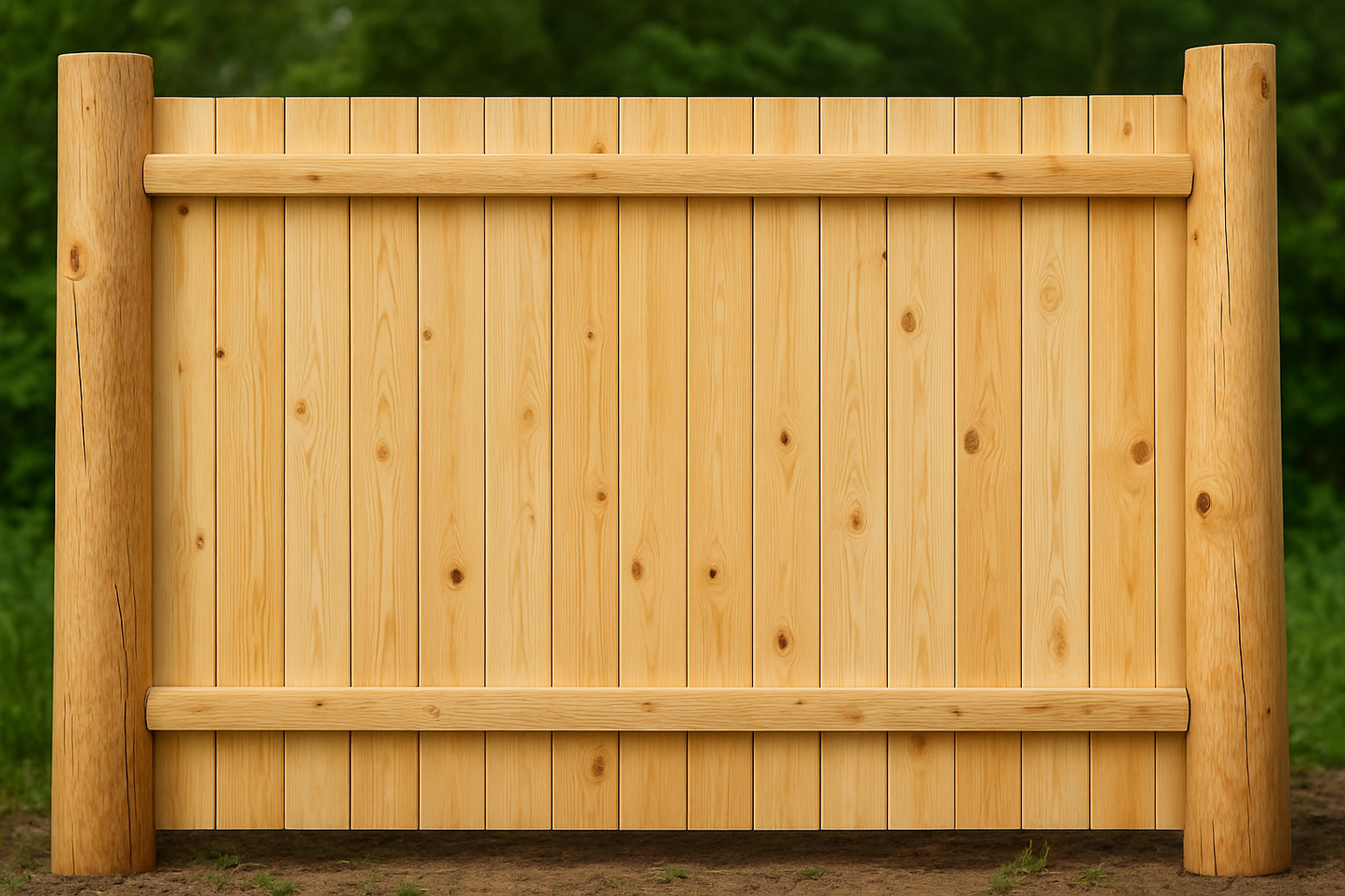 Natural pine fence panel with round solid end posts