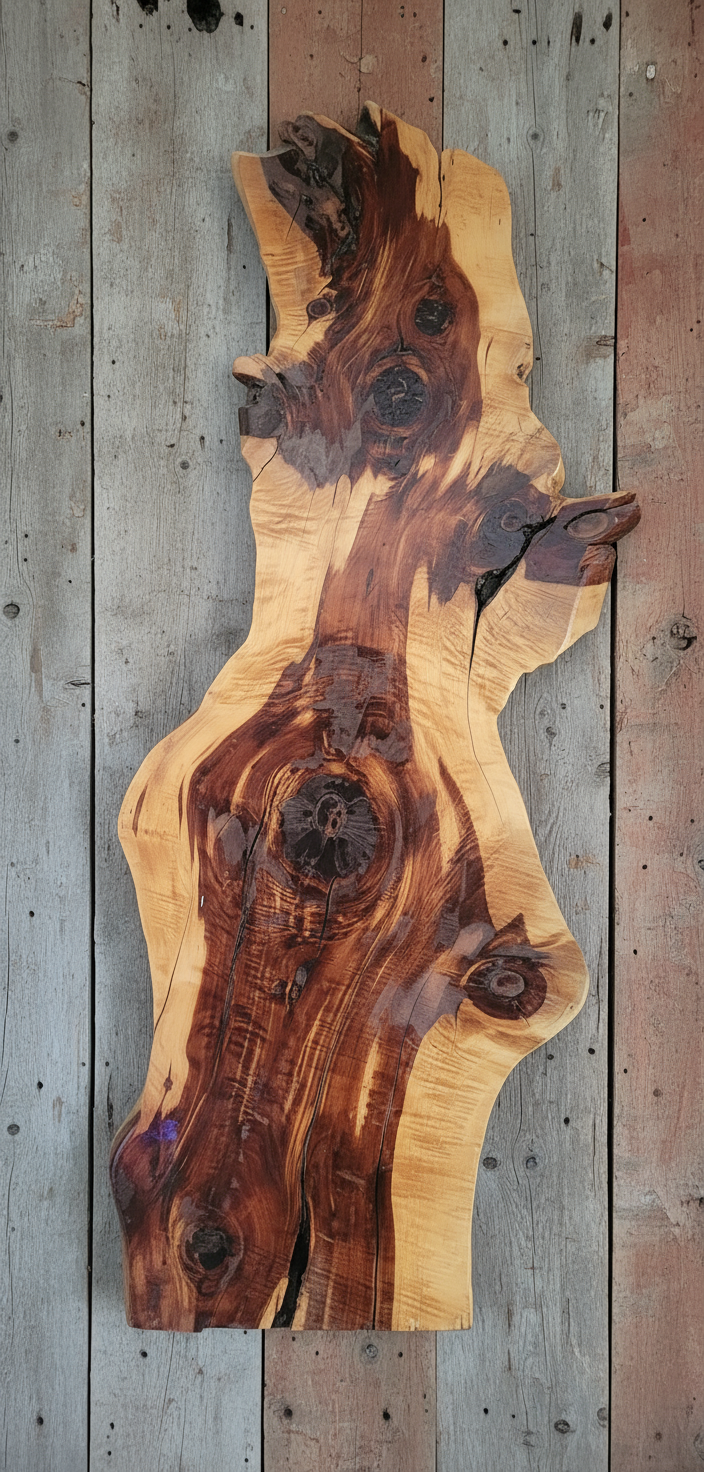 Wood slab hanging on barn wood wall - no shadows