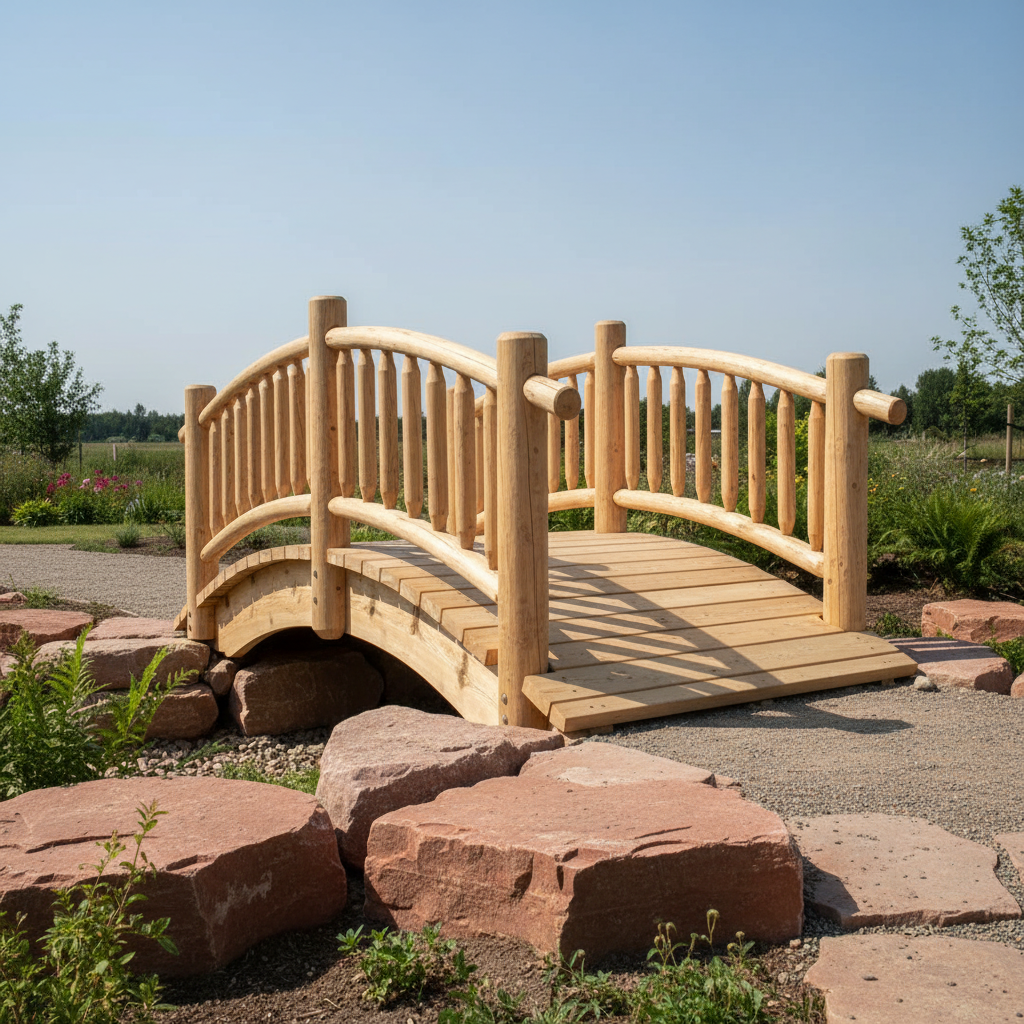 10ft pine log garden bridge with red rocks