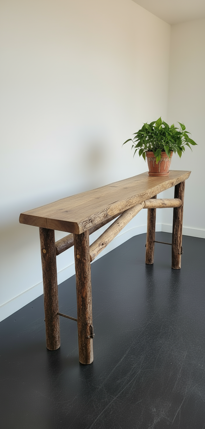 9ft rustic log table with houseplant