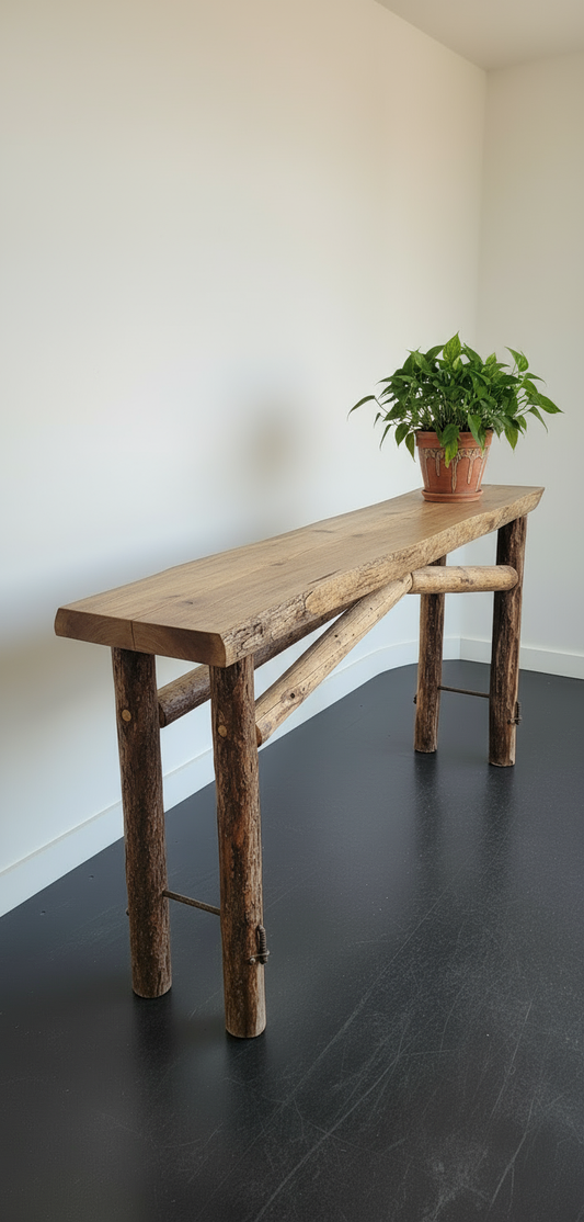 9ft rustic log table with houseplant
