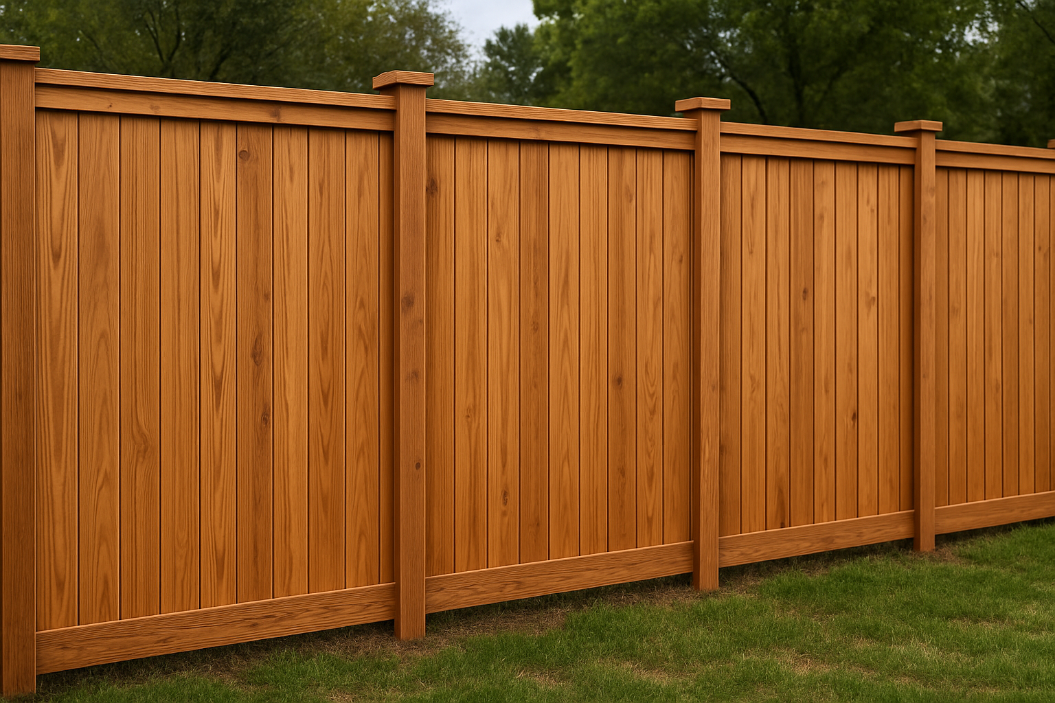 A long wooden fence made of 5 cedar panels in a row, natural cedar wood color with visible wood grain texture, vertical slat design with slats running up and down, fence posts spaced 8 feet apart between each panel creating wider panel sections, outdoor setting with grass at the base, realistic lighting, high quality detailed image, spacious fence layout