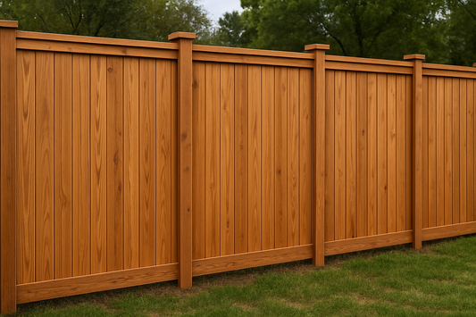 A long wooden fence made of 5 cedar panels in a row, natural cedar wood color with visible wood grain texture, vertical slat design with slats running up and down, fence posts spaced 8 feet apart between each panel creating wider panel sections, outdoor setting with grass at the base, realistic lighting, high quality detailed image, spacious fence layout