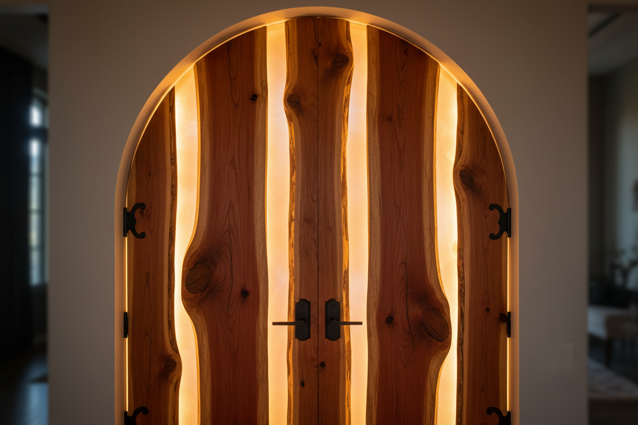 Backlit Red Cedar Arched Epoxy Door