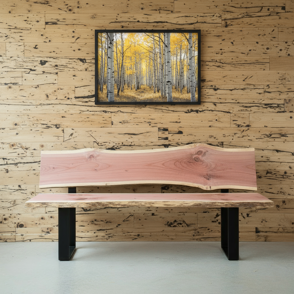Bench with framed aspen grove picture