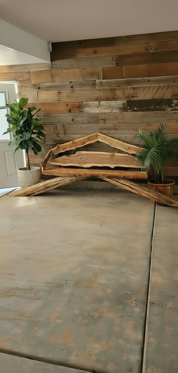 Bench with log moved to show copper pot tree