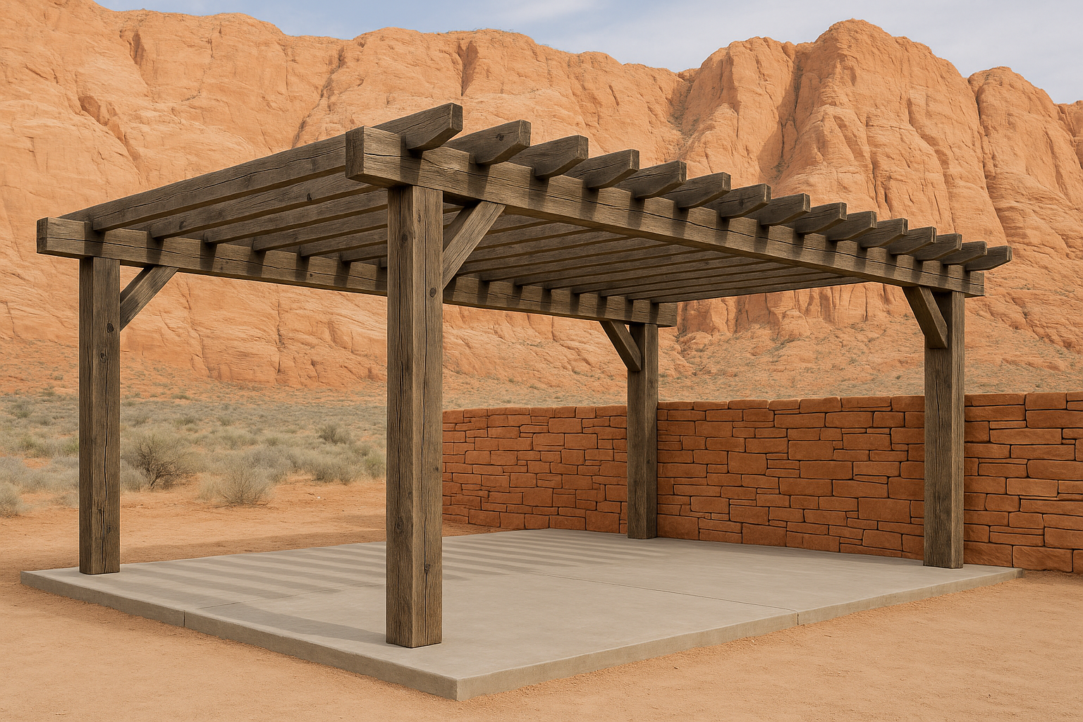 Longer pergola with concrete base and one-sided rock wall