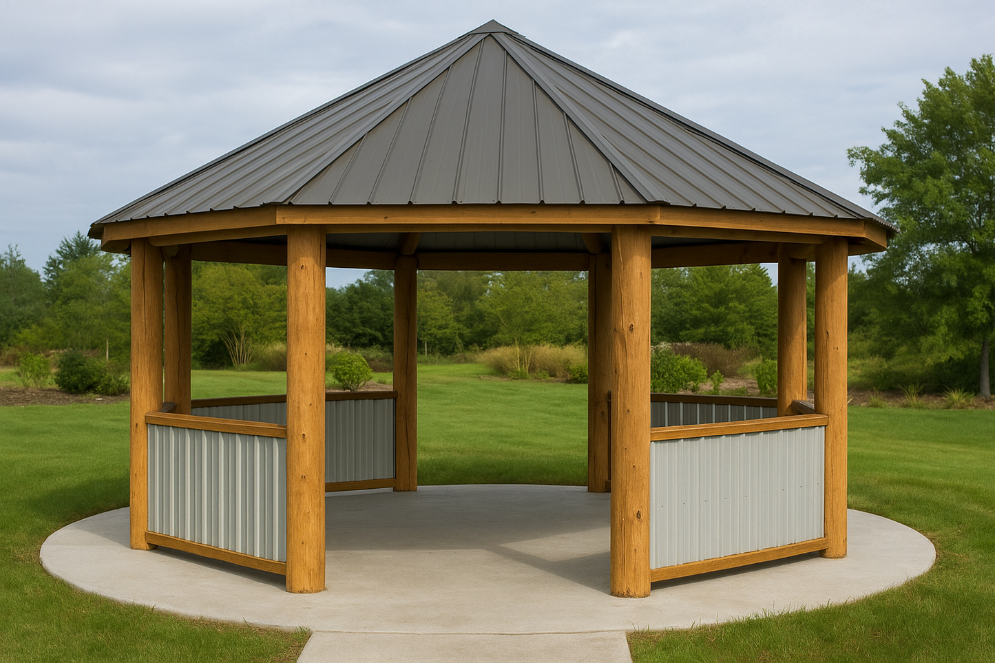 Round gazebo with concrete foundation pad