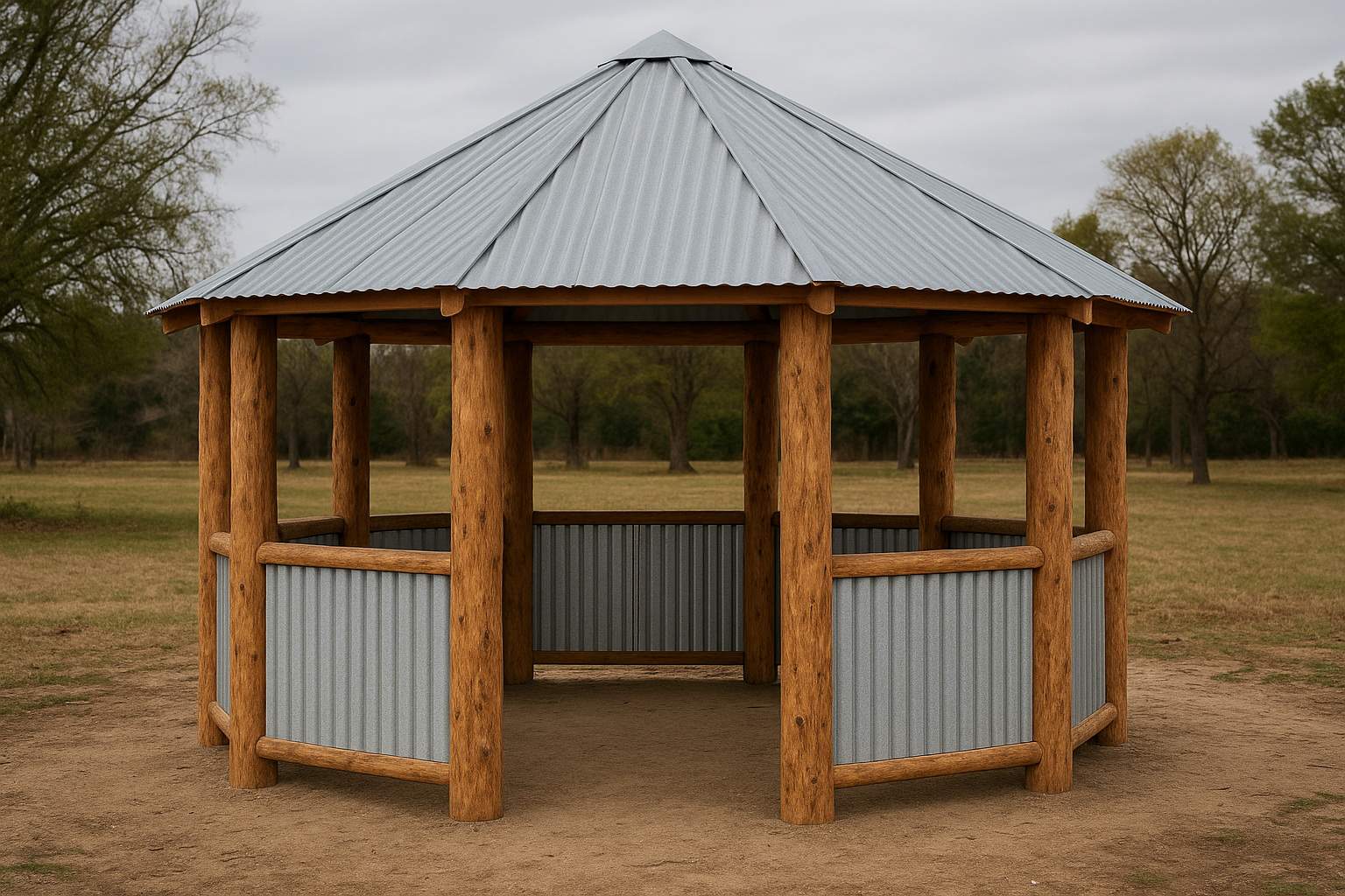 Round gazebo with tin between exposed log posts
