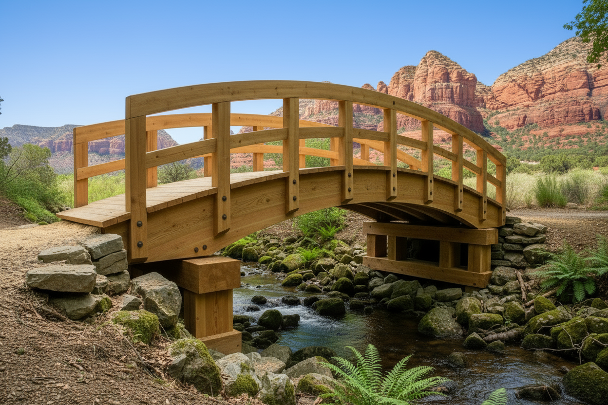 Timber bridge alternate view with red rocks