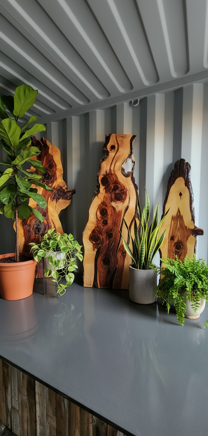 Wood sculptures with house plants