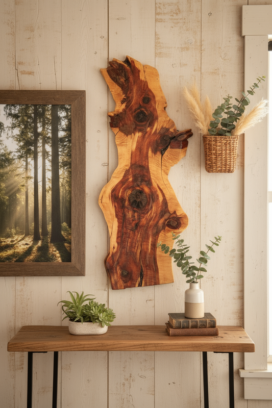 Wood slab with entry table below